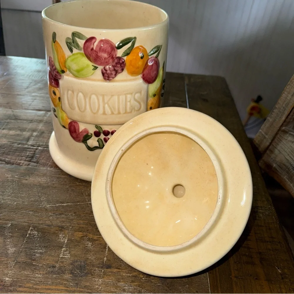 Cream Ceramic Cookie Jar with Fruit Wreath and Green Knob